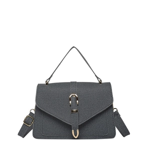 Gray fabric crossbody bag with gold horseshoe buckle and adjustable strap on white background