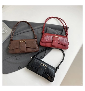 Three-color selection of faux crocodile textured shoulder bags in black, brown and burgundy