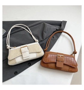 Detailed close-up of crocodile pattern leather and large gold buckle on shoulder bags