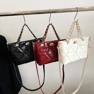 Rhombic Quilted PU Leather Shoulder Bag Women Fashion Chain Handle Tote Crossbody Bag Metal Lock Elegant Versatile Bag
