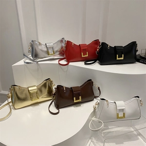 Élégant Sac sous le Bras en Cuir PU de Couleur Unie Style Français pour Femme Boucle Carrée Dorée Fermeture Éclair Sac à Main Mode