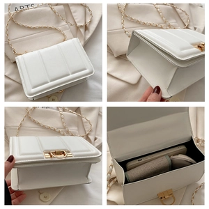 Détail du sac à bandoulière blanc matelassé avec fermoir doré et chaîne en cuir en quatre vues