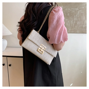 Close-up of cream woven straw crossbody bag featuring gold chain and square buckle
