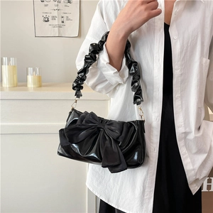 Women's Fashion Pleated Shoulder Bag With Large Bowknot Shiny PU Leather Retro Underarm Bag Trendy Chain Crossbody Handbag