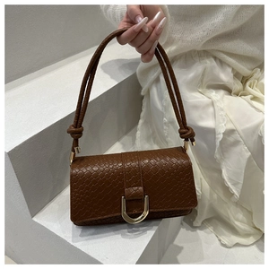 Detailansicht der braunen Webstruktur und der goldenen U-Schnalle an der kleinen Tasche