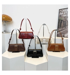 Group view of crocodile pattern shoulder bags in five colors with metal buckle
