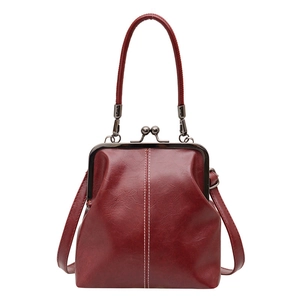Bolso vintage burdeos de cuero PU con cierre metálico de clip y correa para el hombro