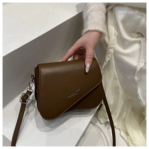 Detail of dark brown leather handbag featuring asymmetric saddle flap and silver buckle