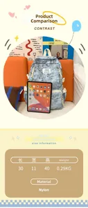 Detailed size specifications for the blue marble print nylon backpack with dimensions