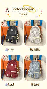 Detail view of large school backpack featuring side buckles and four color marble prints