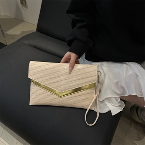 Chic beige envelope clutch bag with wavy texture and golden V-shaped metal trim