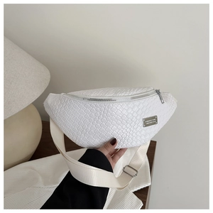 Detailed view of woven PU leather texture and silver zipper on white crossbody bag