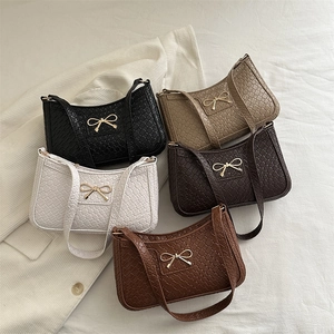 Sac Sous le Bras pour Femme Texture Tissée Décoration de Nœud en Cuir PU Petit Sac à Épaule Carré Rétro Français Mode à Main