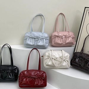 Sac Fourre-tout en Cuir PU Brillant pour Femmes Grande Capacité Détail Nœud Sac à Épaule Vintage Bowling Bag Main Rétro Doux