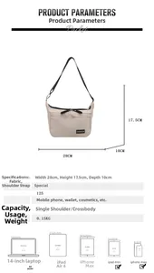 Vue détaillée d'un sac bandoulière beige avec dimensions 28x17,5x10cm et poids 0,15kg