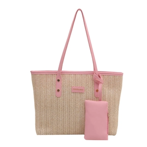 Straw tote bag set with pink leather trim and matching small pouch for women