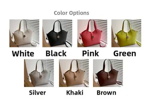 Detail showing seven color options of the minimalist faux leather tote bucket bag