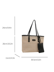 Guida alle dimensioni dettagliate per borsa tote intrecciata con misure in centimetri e pollici