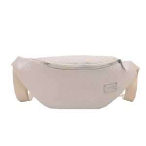 Minimalist cream woven chest bag with checkered texture and silver metallic zipper
