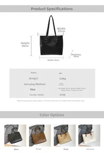 Detailed sizing chart and color variants for the large capacity PU shoulder tote bag