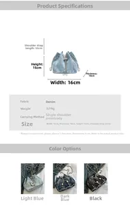 Detailed size specifications and color variants of denim bucket bag with chain strap