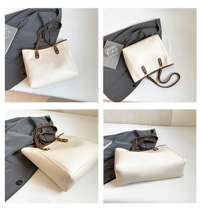 Detailed four-angle view of beige tote bag with brown straps and gold rivet accents