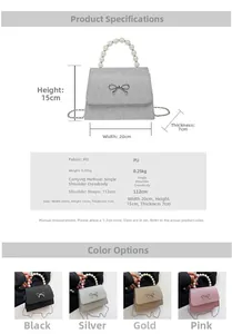 Detail of sequin mini bag with pearl handle, metal bow, and size chart in four colors
