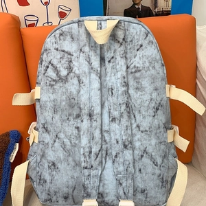 Large capacity marble print backpack with light blue texture and cream straps for students