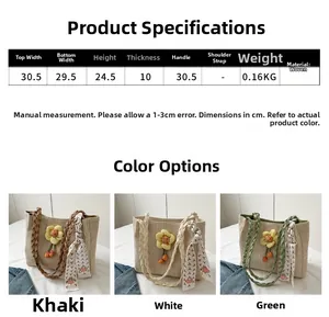Size chart showing woven tote bag dimensions and three colors with floral scarf details