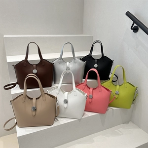 Women Vintage PU Leather Bucket Bag Minimalist Solid Color Handbag With Round Metal Buckle Adjustable Strap Shoulder Bag