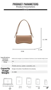 Detailed technical drawing of minimalist PU leather shoulder bag with size measurements