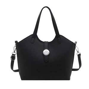 Classic black matte leather tote bag with silver metal clasp and detachable strap