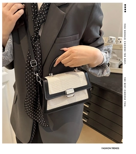 Détail du petit sac tissé avec bordure en cuir noir et boucle métallique argentée