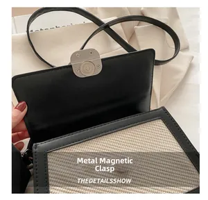 Gros plan détaillé d'une boucle magnétique argentée sur un sac à bandoulière bicolore
