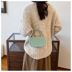 Detail of light green embossed chain bag showing texture and stylish crossbody back view