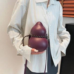 Unique gourd-shaped crossbody bag in dark purple leather with woven rope detail