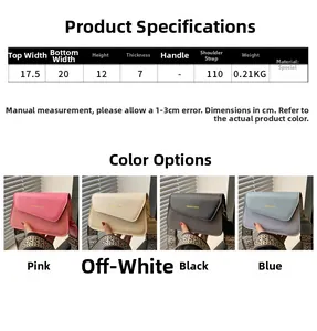 Size chart for women's crossbody square bag with wide strap and color options