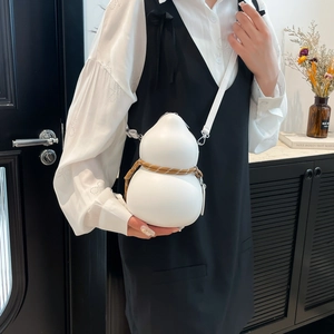 Unique white gourd shaped crossbody bag with brown rope detail for women and men