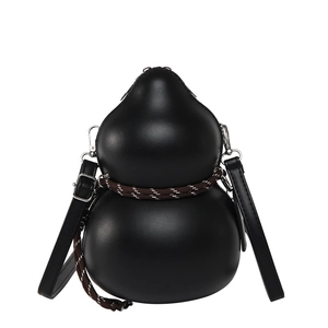 Unique gourd-shaped crossbody bag in matte black leather with woven rope detail