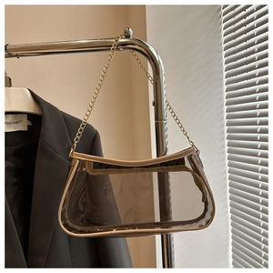 Dettaglio della borsa baguette in PVC trasparente con bordo marrone e catena d'oro