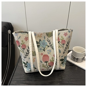 Detail of floral jacquard tote bag featuring vibrant flower patterns and white straps