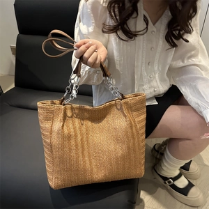 Women Large Capacity Straw Woven Tote Bag Elegant Minimalist Shoulder Handbag With Metal Chain Strap For Summer Beach Work