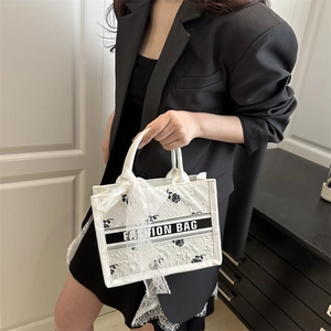 Women Embroidered Rose Tote Bag Elegant Lace Bow Handbag Fashion Letter Ribbon Large Capacity Commuter Shoulder Bag PU Purse