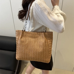 Large woven straw tote bag with silver chain straps for women summer casual style
