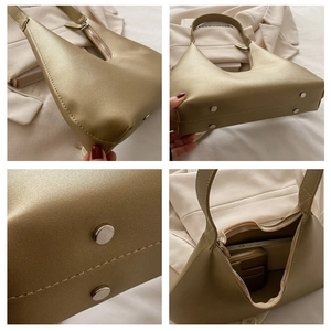 Detailed views of champagne gold underarm bag featuring protective base studs and interior space
