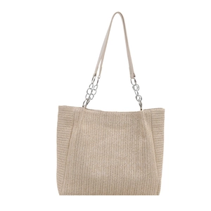 Large capacity straw tote bag with chain link leather handles for summer beach vacations