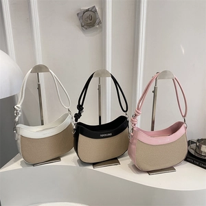 Sac à Bandoulière Rétro en Toile pour Femme Couleur Contrastée Minimaliste Urbain Grande Capacité Sac Hobo Mode PU Sous le Bras