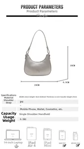 Detailed size chart and capacity diagram for silver-grey crescent PU leather handbag