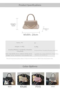 Detailed size specifications and color options for the sequined PU leather crossbody bag