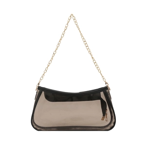 Borsa a spalla in PVC grigio scuro traslucido con catena dorata e cerniera sottile